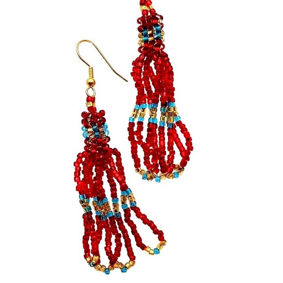 Red Handcrafted Boho Dangle Drop Earrings Beaded Tassel Resortwear Island Fash - Picture 2 of 3